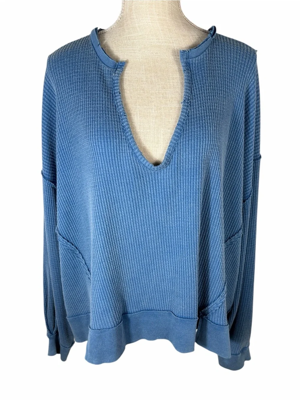 We The Free Blue Waffle Knit Oversized Boho Hipster Long Sleeve Top - Picture 3 of 8